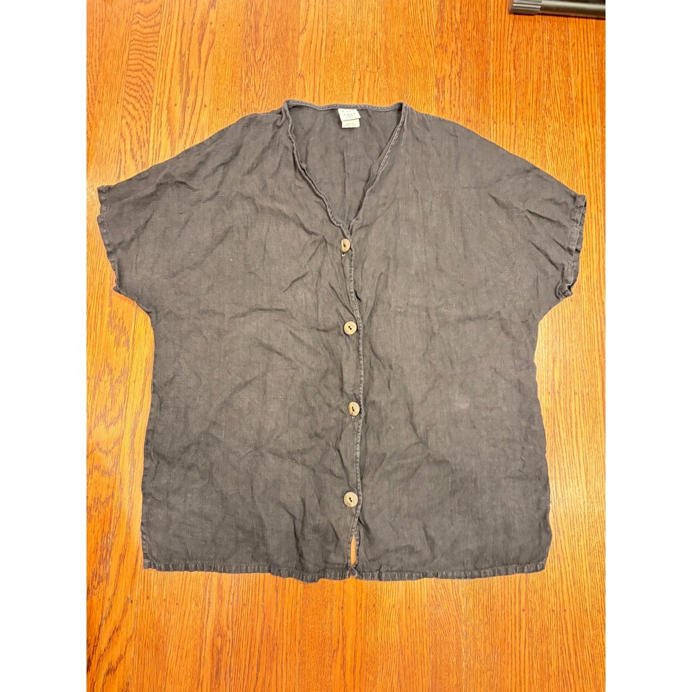 Marc Ware Womens 2X 100% Linen Oversized Lagenlook Top Black Button Front
